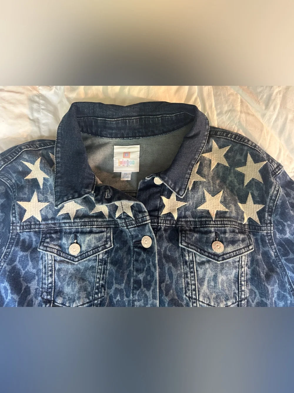 LuLaRoe Dark Blue Denim Jacket with White Star Accents